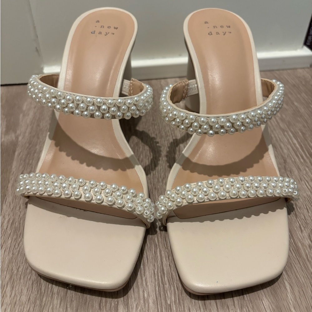A New Day Women's Cream Pearl-Embellished Sandals (Wedding Heels)